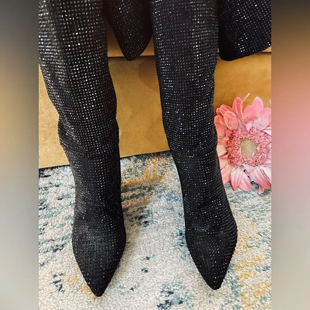 Black Rhinestone Over The Knee Thigh High Pull On Boots Triangle Heel 10